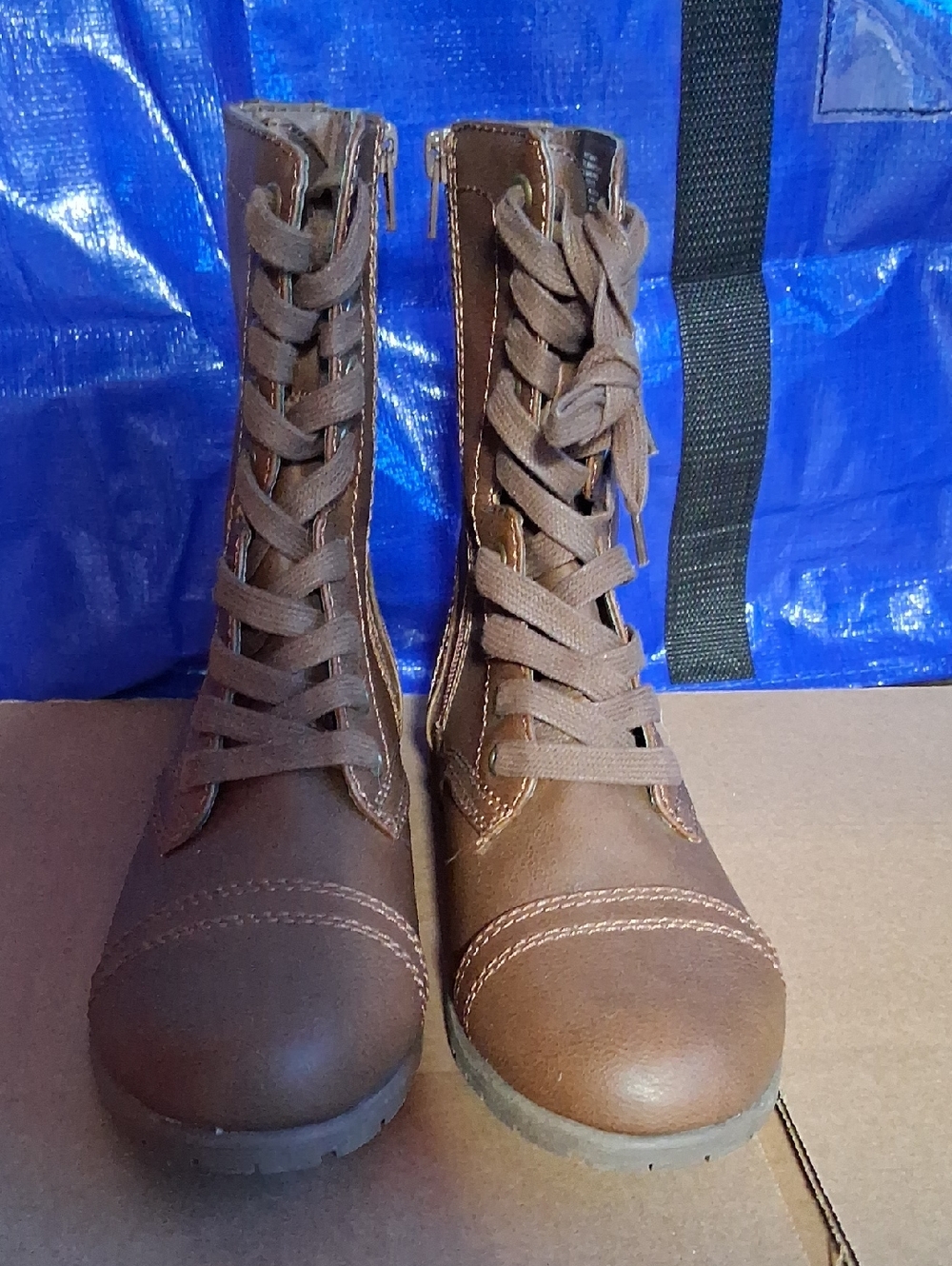 Time and Tru Brown Lace-Up Combat Ankle Boots with Side Zip